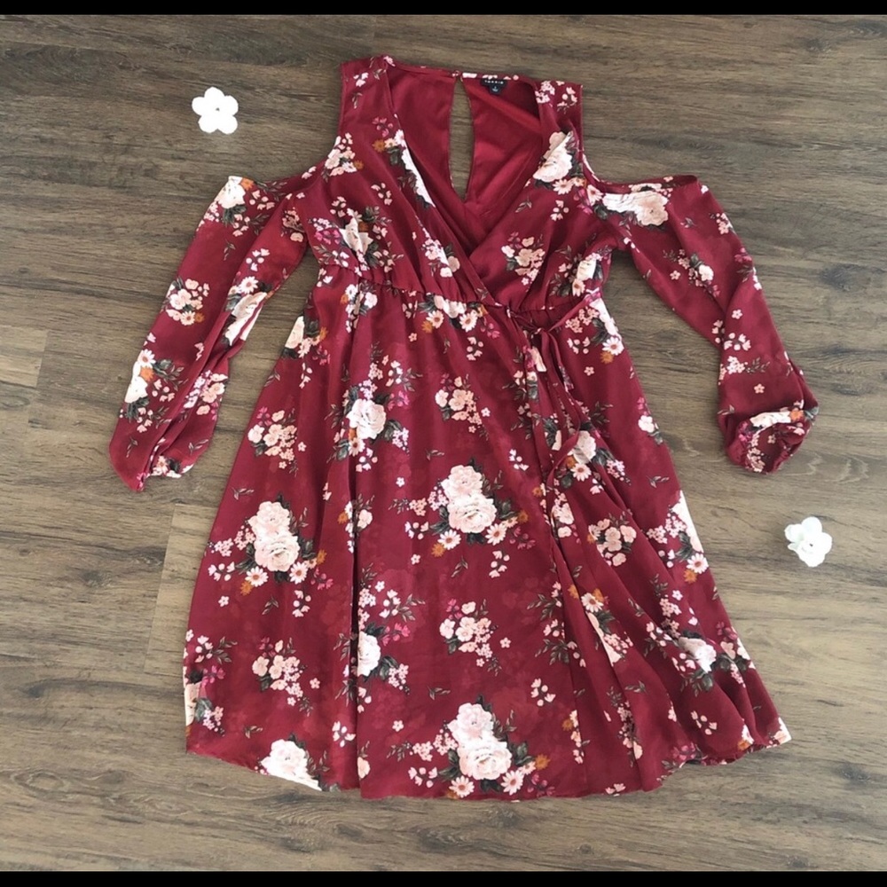 Torrid Maroon Floral Off-the-Shoulder Wrap Dress